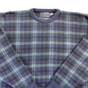 Old Glory Plaid Crewneck Sweater Men's 100% Cotton Made in USA Blue Green XL BIG